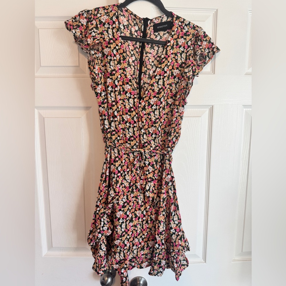 MINKPINK Black Floral Tie-Waist Mini with Pink & Cream Blooms